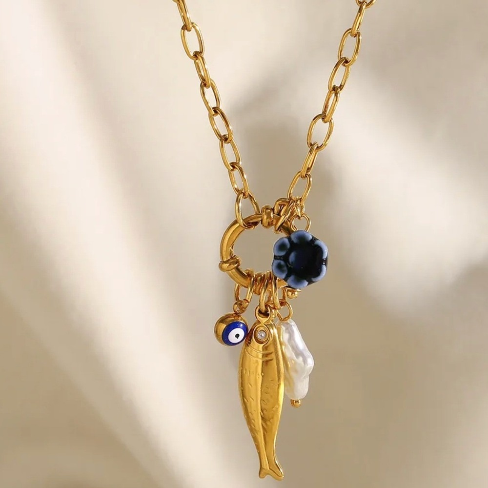 Gold Stainless Steel Evil Eye Fish Pearl Flower Charm Necklace 43cm 18K Plated